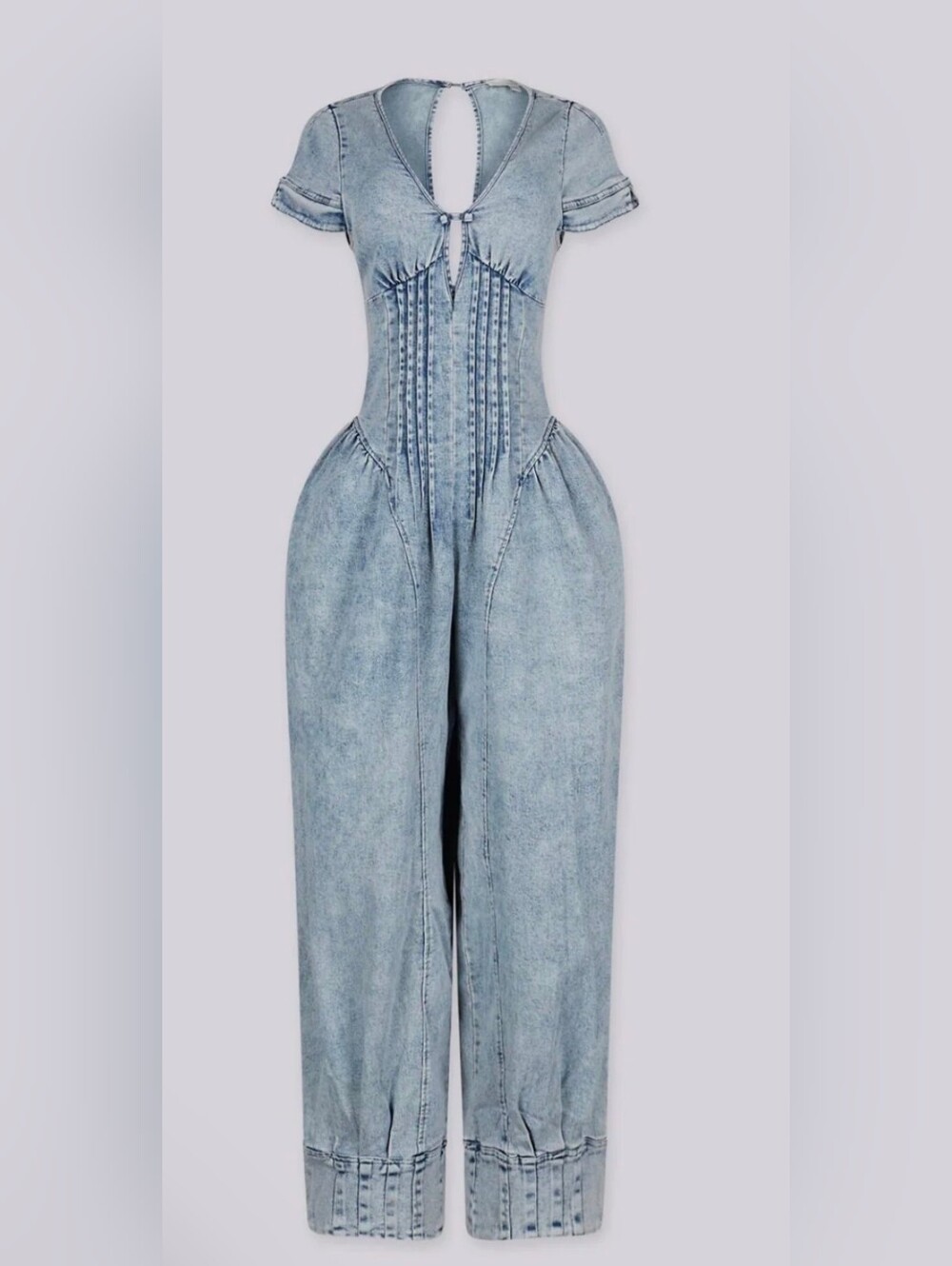 Pintucked Waist Barrel Jumpsuit Light Denim